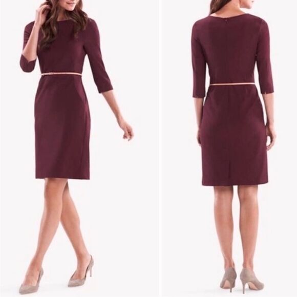 MM Lafleur Etsuko Sheath Dress Wine Burgundy 3/4 Sleeves Pockets No Belt size 2 - Picture 2 of 15
